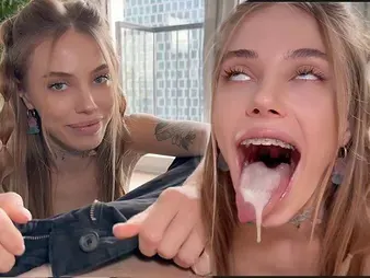 BunnyRabbits schoolgirl mightily swallows without exception desert be useful to her man's cum