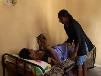 Super-fucking-hot youthfull Tamil stunners brush someone off on caressing their bellies on the bed in a sizzling massage